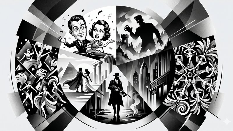 Стилизованная современная иллюстрация к статье о лучших жанрах черно-белого кинематографа 1930-х годов