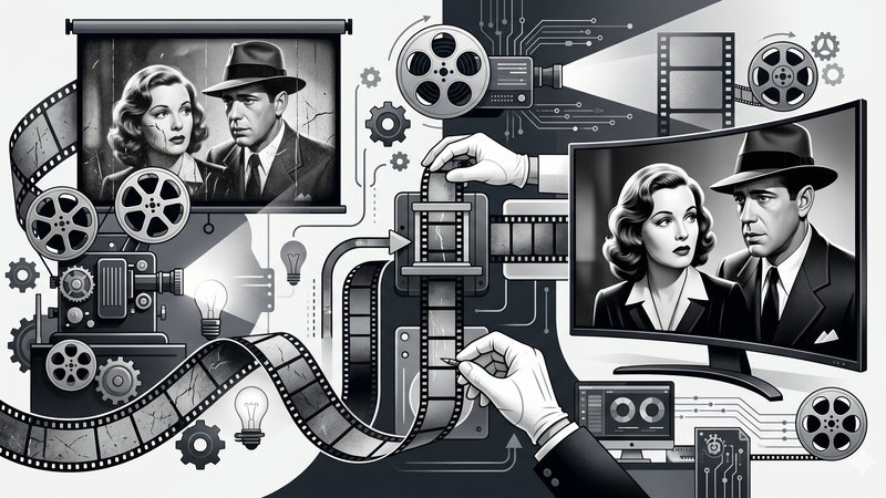 Современная иллюстрация с элементами киноленты и старого проектора для статьи о реставрации фильмов 30-х годов